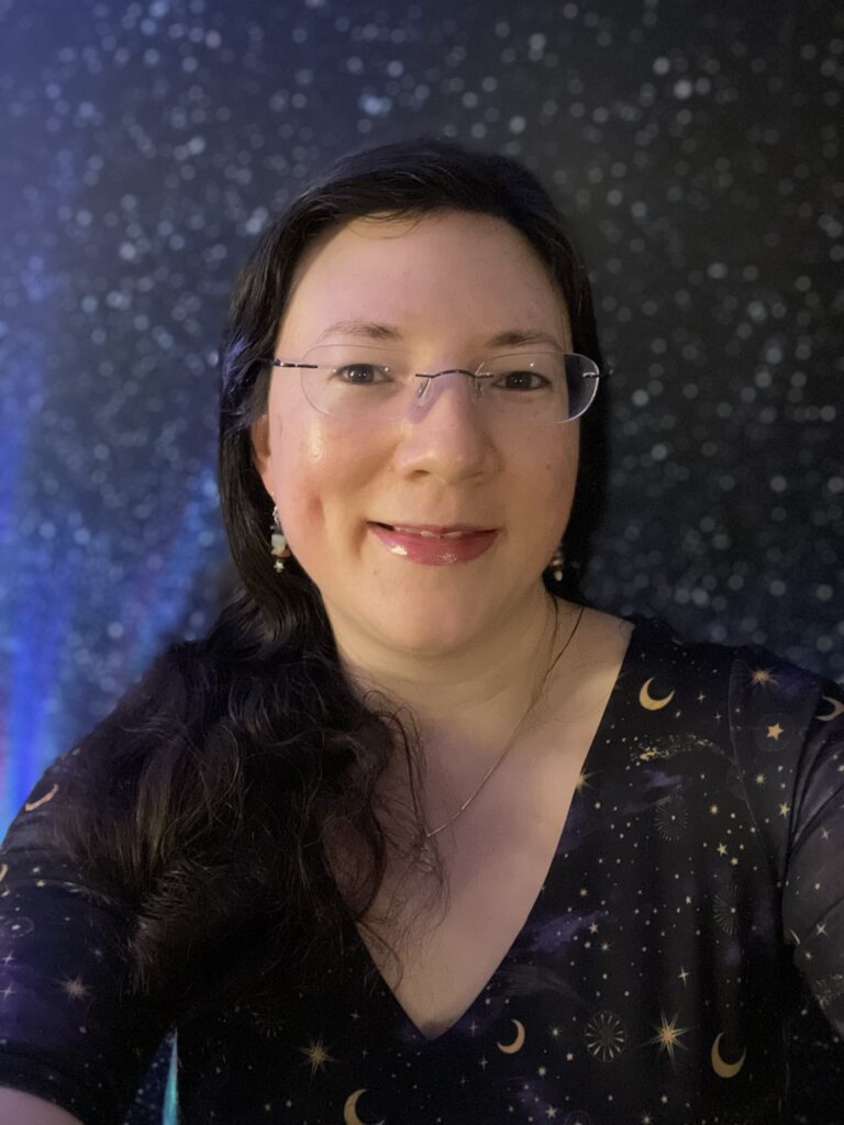 Taking Visibility to a New Level! 4 a Selfie of me in a cosmic themed dress, having talked in another facebook group about my upcoming book.