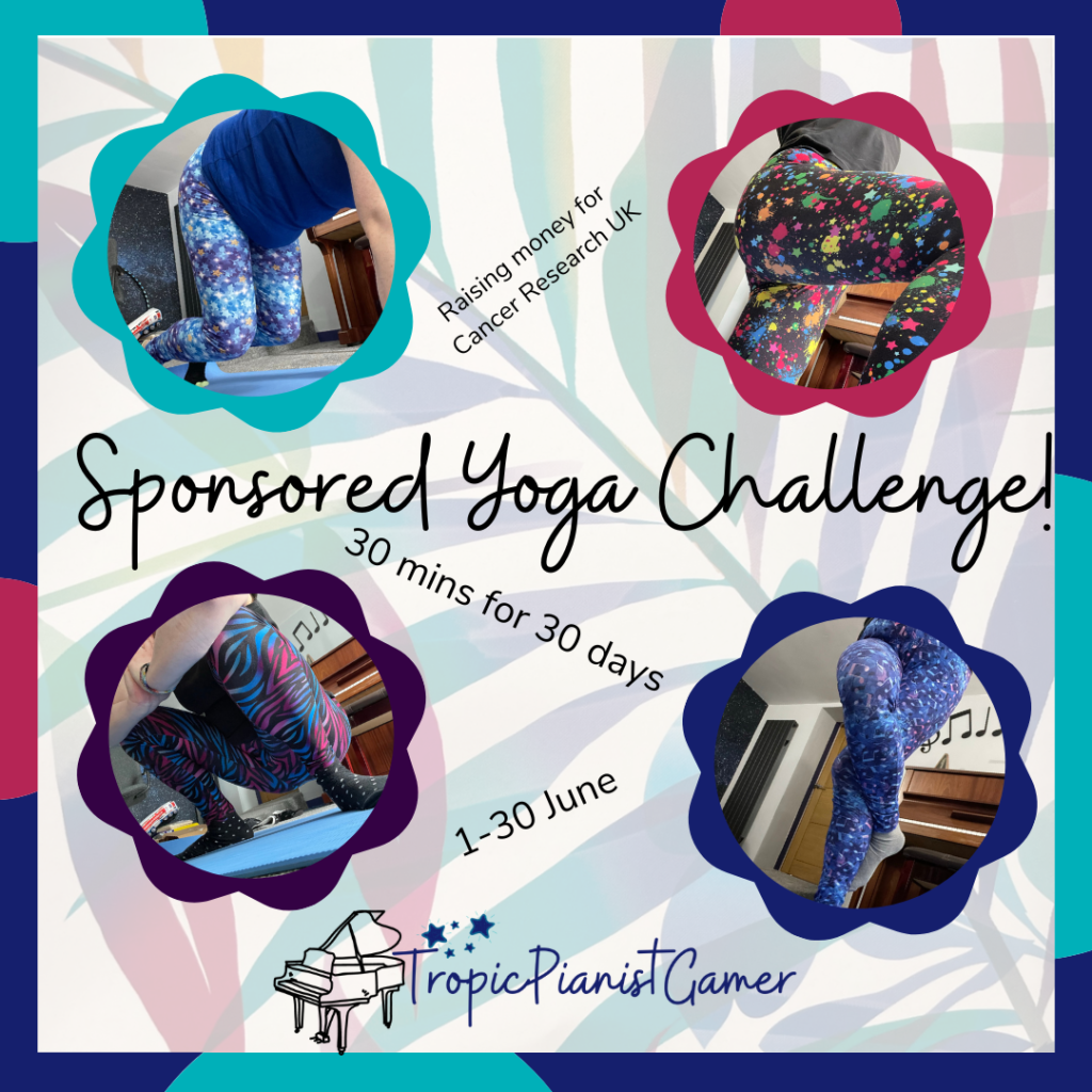 A collage with 4 of my leggings photos, advertising my sponsored yoga challenge which I was doing for charity just before the summer holidays