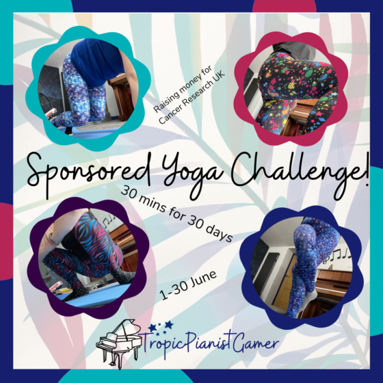 A collage with 4 of my leggings photos, advertising my sponsored yoga challenge which I was doing for charity.