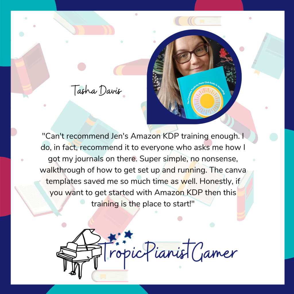 A testimonial from client Tasha recommending how easy and simple my workshop is to follow. There's a picture in the top right of Tasha proudly holding her first self published notebook.