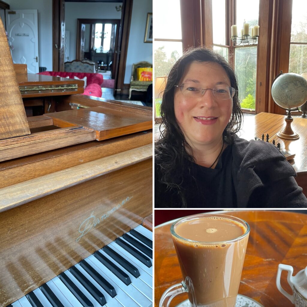 A New chapter begins this term! 2 a collage of the piano, my coffee and a selfie from my "gig" I did at Chateau Rhianfa
