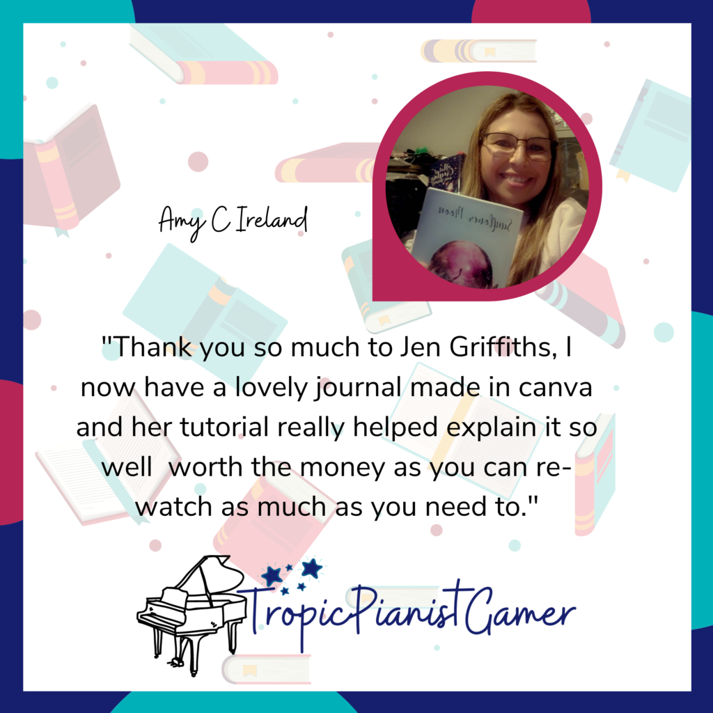 A testimonial from client Amy about my workshop. She recommends it because I explained everything so well. She is pictured proudly holding her first notebook.