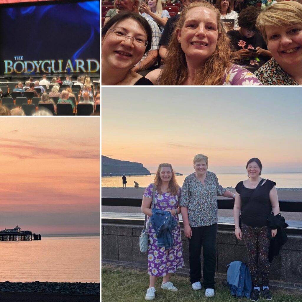 Summer Fun Begins! 6 A collage of Me, Jackie and Fiona having seen the Bodyguard at venue cymru, then seeing a lovely sunset afterwards!