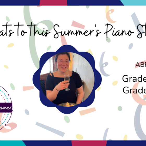 A banner to celebrate Jen's students for passing their exams. Grade 1 passed, Grade 2 got a merit. The Tropic Pianist Gamer logo is in the left, and in the middle is a picture of Jen holding a glass of prosecco and smiling.