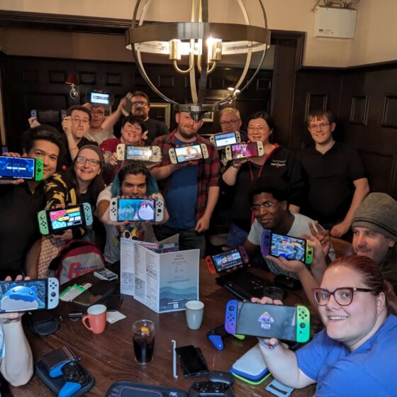 a group photo with all 15 of us, 14 of us showing our switch consoles with a screenshot of our favourite game.