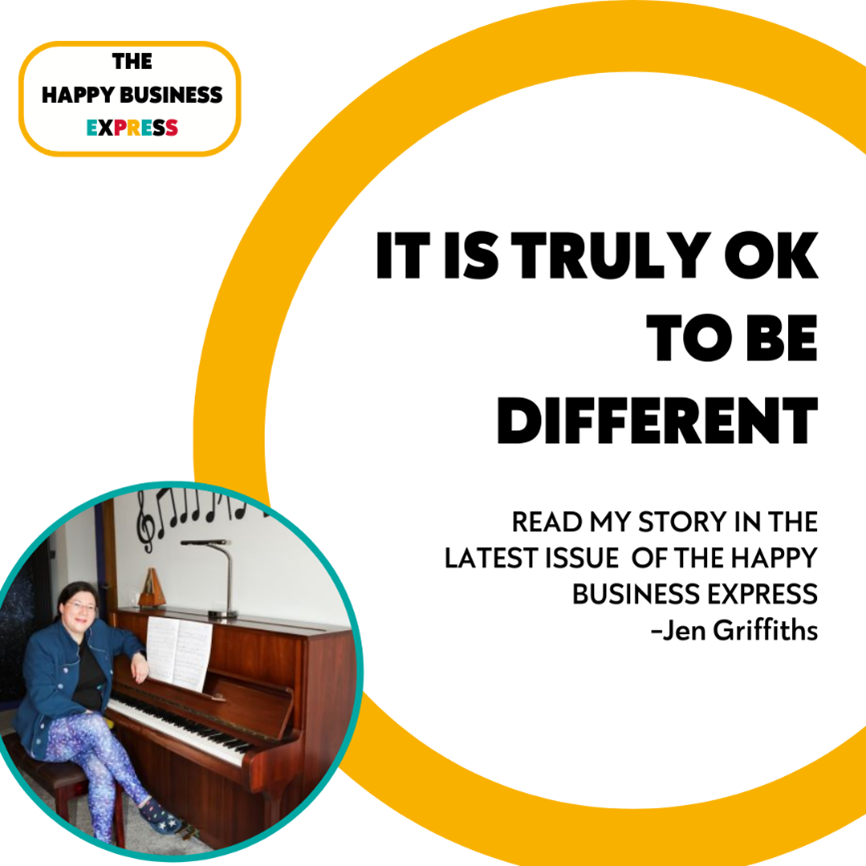 March was an Exciting Month! 4 "It is truly ok to be different" with a picture of me at my piano.