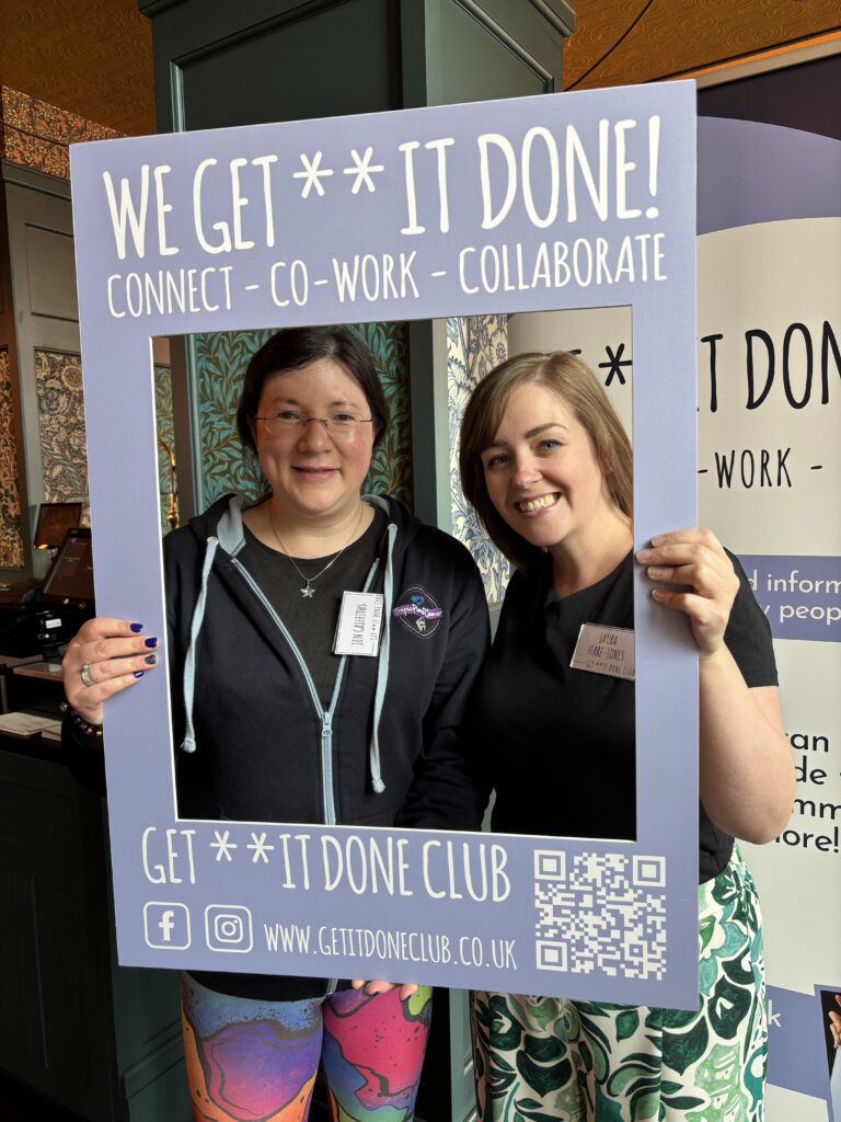 Summer has Started here, Exciting plans ahead! 13 me posing for the camera with host Laura, and her "Get **it done" frame.